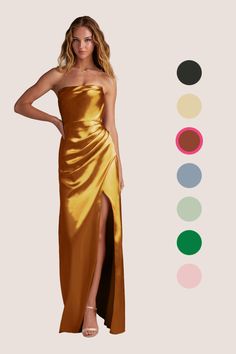 a woman in a gold dress with different colors