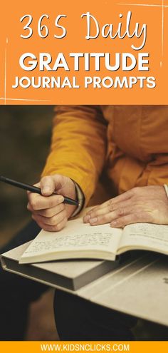 a person holding a pen and writing on a book with the title 3 days daily gratitude journal prompts