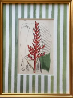 a drawing of a red flower in a gold frame on a striped wallpapered background