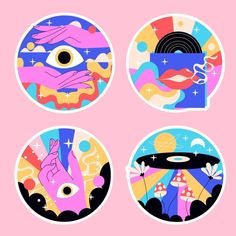 four stickers with different designs on them