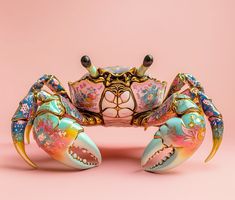 a colorful crab sculpture sitting on top of a pink surface