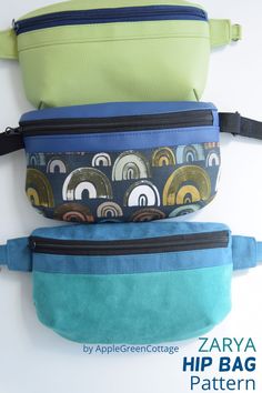 three zippered pouches are stacked on top of each other in different colors and designs