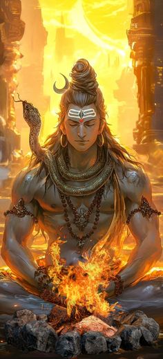 the hindu god sitting in front of a fire with his hands on his hips and eyes closed