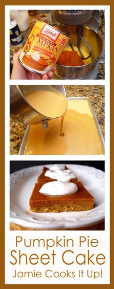 pumpkin pie sheet cake is shown in three different pictures