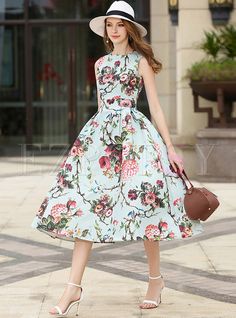 Sweet Print O-neck Sleeveless Skater Dress Boat Neck Midi Dress, Long Dresses Elegant, Gaun Fashion, Floral Print Dress Long, Spring Floral Dress, Floral Retro, Beauty Dress, Midi Dress Summer, Vintage Pattern