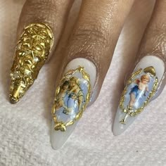 Angle Nails Design, Roman Nail Art, Cherub Angel Nails, Cherub Nail Art, Angel Nails Acrylic, Angelcore Nails, Bible Nails, Baroque Nail Art, Angel Nails Designs