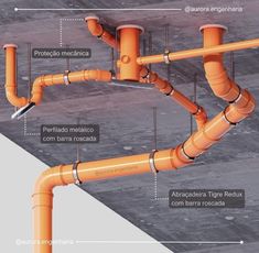 an orange pipe is connected to the ground with other pipes and parts labeled in spanish