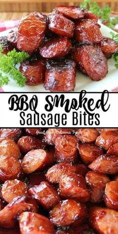 bbq smoked sausage bites on a plate with lettuce