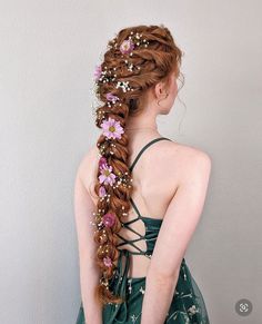 Rapunzel Braid, Flower Braids, Flowers In Her Hair, Fairy Hair, Long Red Hair, Fantasy Hair, Long Braids, Long Red, Fish Tail Braid