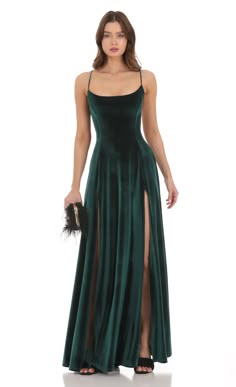 Velvet Double Slit Maxi Dress in Green Green Dress Formal, Dark Green Bridesmaid Dress, Green Wedding Dresses, Green Formal Dresses, Emerald Bridesmaid Dresses, Long Green Dress, Emerald Dresses, Dark Green Dress, Velvet Bridesmaid Dresses