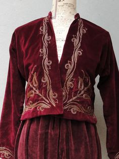 This is a gorgeous example of a beautiful embroidered gold gilt wedding shalwar and jacket set. early 20th Century from the Turkish Ottoman Empire. Beautiful deep red velvet embroidered with gold gilt. The precision workmanship of the hand embroidered gold gilt metallic thread is exquisite traditional Ottoman Empire craftsmanship. This unique and rare garment is in great state considering its age. There are some stains that did not go away with dry cleaning, but it is clean and has no smell, tea Embroidered Ottoman, Deep Red Velvet, Traditional Ottoman, Ancient Dress, Turkish Ottoman, Lesson 1, Vintage Gowns, Ottoman Empire, Baroque Fashion