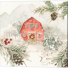 a watercolor painting of a red house surrounded by pine branches