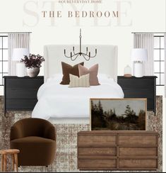 the bedroom is decorated in brown and white