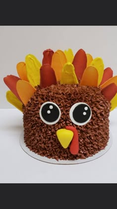 a cake decorated to look like a turkey with big eyes and feathers on it's head