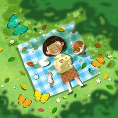 a girl is sleeping on a blanket with butterflies around her