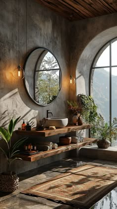 a bathroom with two round windows and a sink