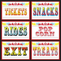 four different types of circus signs in red, yellow and blue with words that spell out the