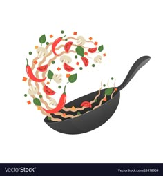 a frying pan filled with noodles and vegetables on a white background stock photo edit