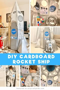 this is a collage of photos with the words diy cardboard rocket ship