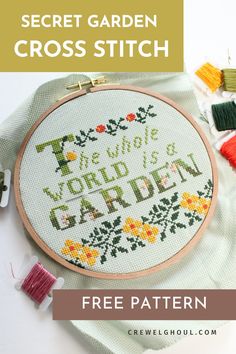 a cross stitch pattern with the words garden written on it and some other sewing supplies