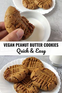 vegan peanut butter cookies on a white plate with milk in the background and text overlay