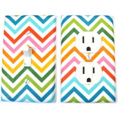 two outlet covers with colorful chevrons and one light switch cover in the same color