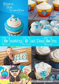 a collage of photos with blue and white frosted cupcakes on them