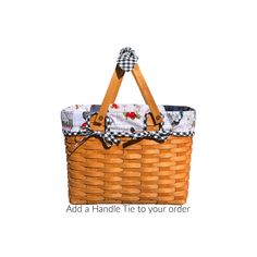 a picnic basket with the words add a handle tie to your order and an image of a dog on it