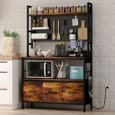 a kitchen area with a microwave, coffee maker and other items