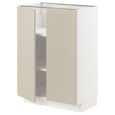 a white cabinet with two doors and shelves on the bottom, in front of a white background