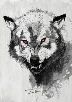 a painting of a wolf with red eyes