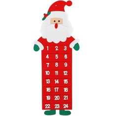 a red and white calendar with santa claus on it's face in front of a white background