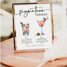 there is a sign that says signature drinks on the front and back of this card