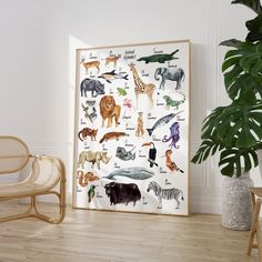 an animal poster on the wall next to a wicker chair and potted plant