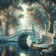 a painting of a bridge over a body of water with trees and bushes around it