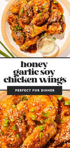 chicken wings with sesame seeds and seasoning on the side, served in a white bowl