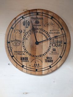 a wooden clock with different types of writing on it