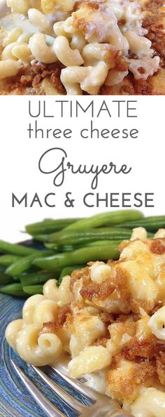 macaroni and cheese on a plate with green beans