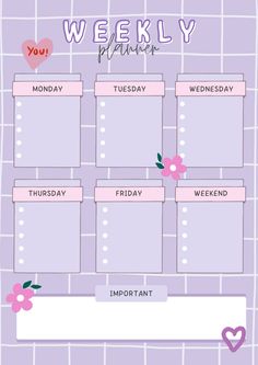 the printable weekly planner is shown with flowers and hearts on purple tiled paper,