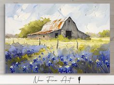 a painting of a barn and blue flowers