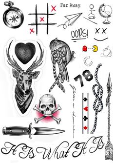 some tattoos and other items on a white background