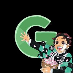 an anime character holding a basket of flowers in front of the letter g on a black background