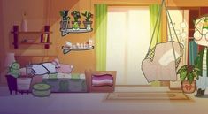 an animated image of a person in a room with plants and other things on the wall