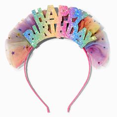 a headband with the words happy birthday written in rainbow glitters and stars on it