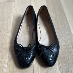 Black Chanel Ballet Flats In Size 35 (Us Size 5). In Great Condition, Does Have A Minor Marks On The Outside Of The Foot Bed (Towards Pinky Toe Side) And Here The Leather Is Noticeably Scuffed. Rubber Soled Have Been Added To The Bottoms Of The Shoes To Extend The Life And Wear. Ballet Flats Black, Chanel Flats, Black Ballet Flats, Flat Color, Chanel Shoes, Chanel Ballet Flats, Leather Flats, Chanel Classic, Flat Shoes Women