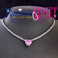 Diamant Pink Ice Heart Center Pendant Diamant Necklace Silver Base 15 Inches 2 Inches Extender Is Optional Upon Request 4 17inches Glamorous Silver Necklace For Valentine's Day, Pink Diamond Necklace, Diamond Necklace Silver, Dr Accessories, Ice Heart, Fair Outfit, Cute Jewellery, Heart Center, Beaded Bib Necklace