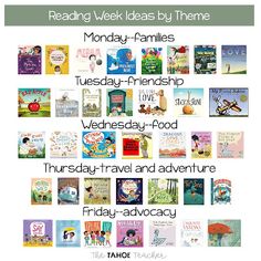 a poster with the words reading week ideas by theme and images of books on them