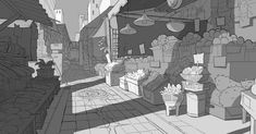 a black and white drawing of an outdoor market with lots of food on the shelves