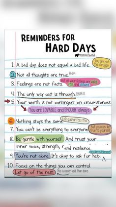 a handwritten note with the words reminders for hard days