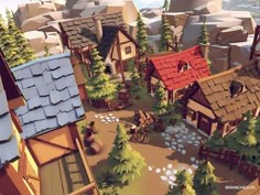 an animated village with lots of trees and houses